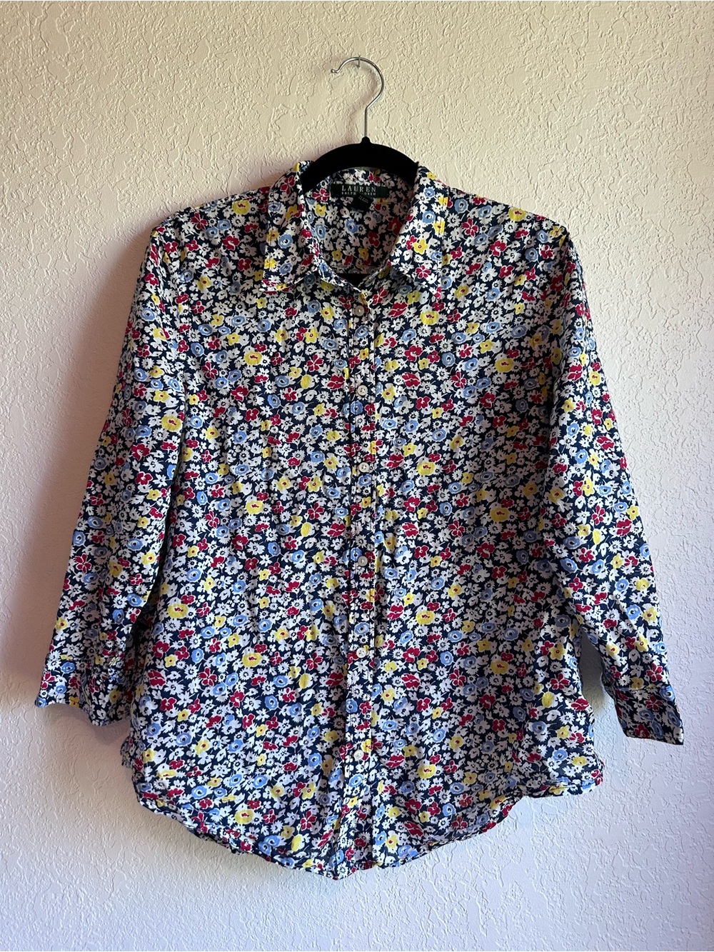 Lauren Ralph Lauren Navy Floral Button-Down Shirt with Yellow & Red Accents